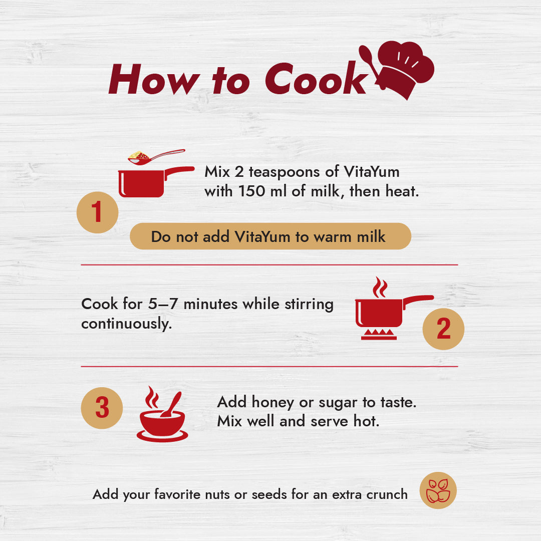 Different VitaYum porridge flavors including Dry Fruits, Almond, and Cocoa